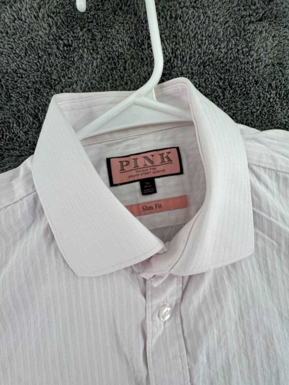 Thomas Pink Long Sleeve Button Up Shirt Men Pink Striped Size 16 Slim Fit Woven - Picture 6 of 13